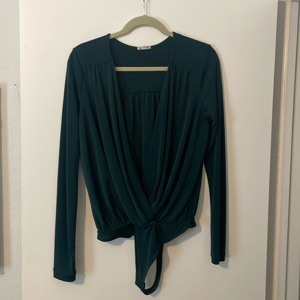 Free People Dark Green Deep V Long Sleeve Bodysuit. Like new!
